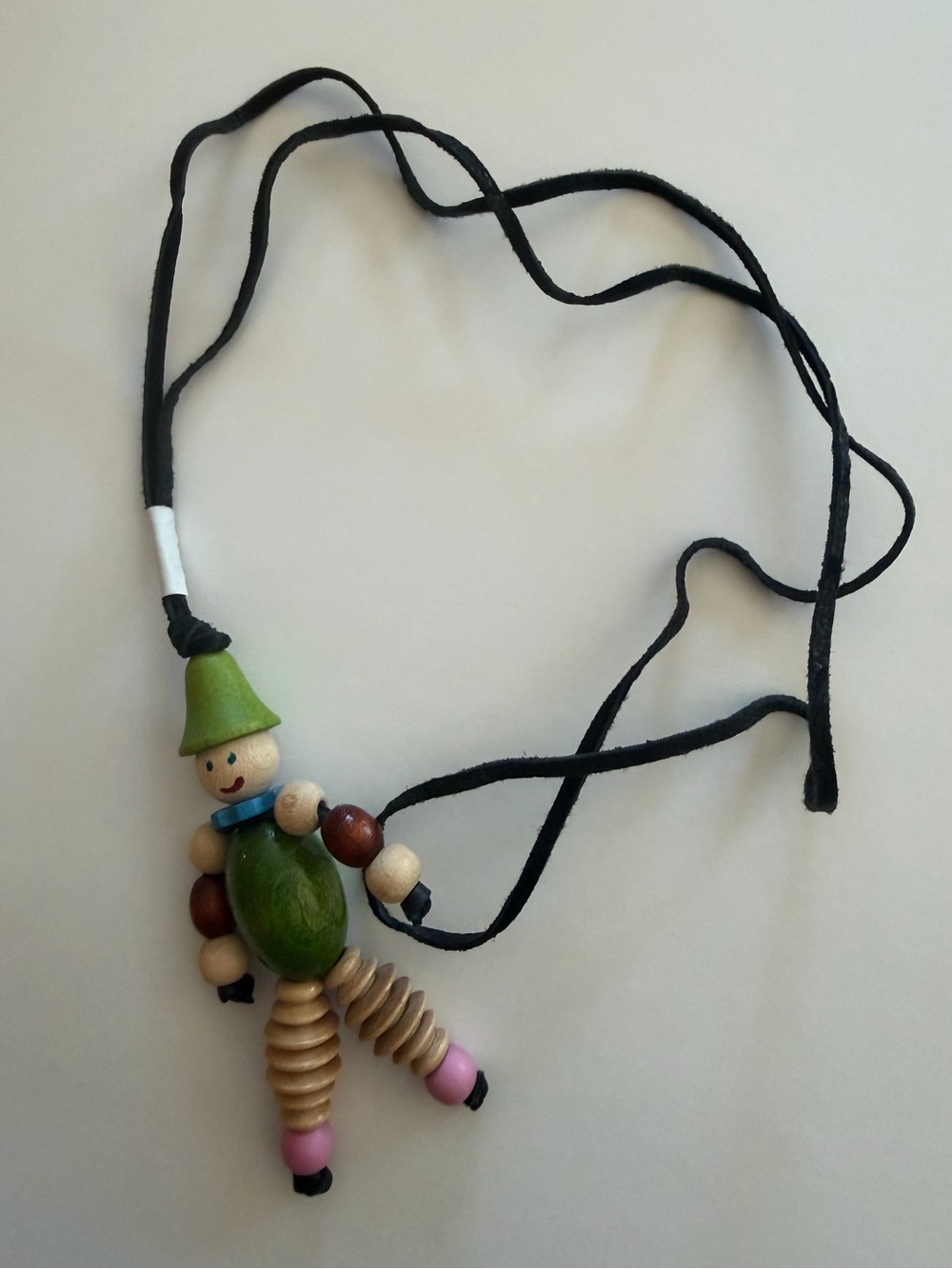 NEW Czech Prague Wooden Doll Necklace Pendant Handmade Hand Crafted Green Hat